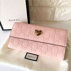 RARE Gucci Guccissima crystal eyes cat Long Wallet Pink Rare